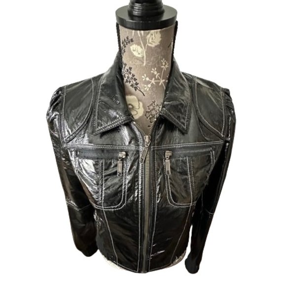 Vintage 90's Personal Identity Rare Women's Medium Shinny Black Biker Jacket Top - Picture 1 of 16
